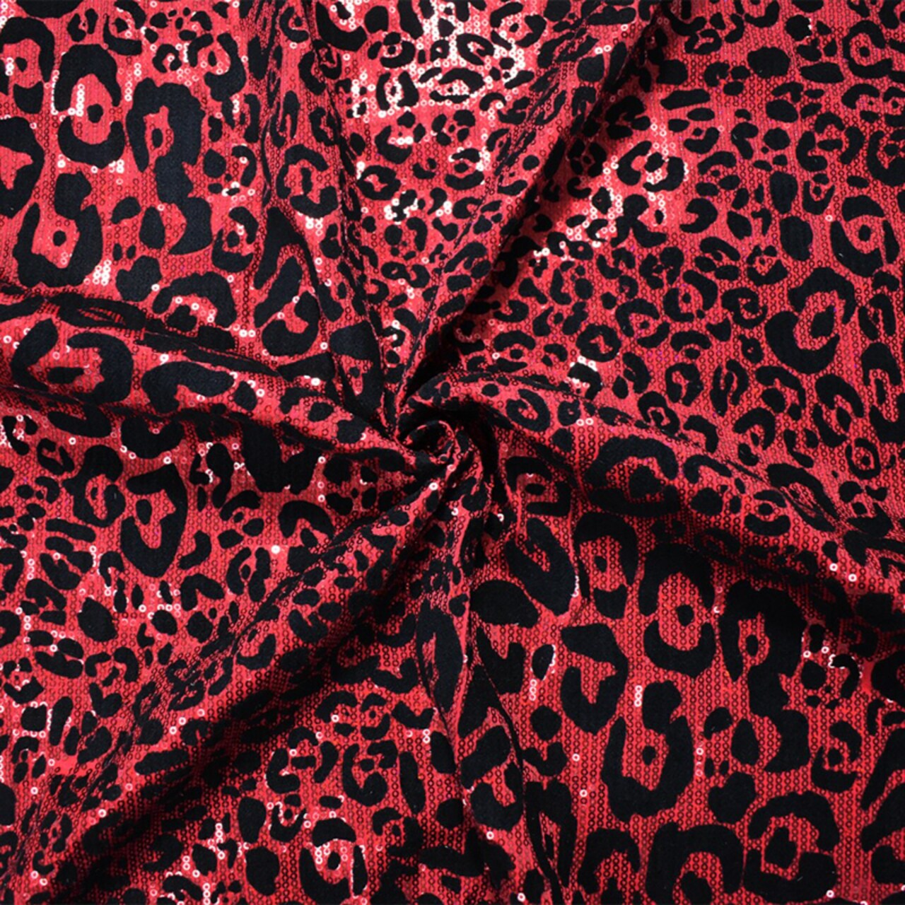 Red-Black Poly Velvet Flock Cheetah Print Sequin Stretch Knit Fabric By the Yard